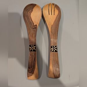 Olive Wood Salad Server Set with Hand Craved Floral Inlay